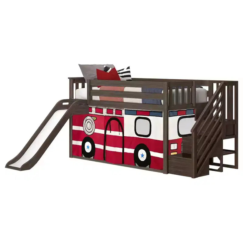 Low Twin over Twin Bunk With Stairs, Easy Slide & Firetruck Curtain