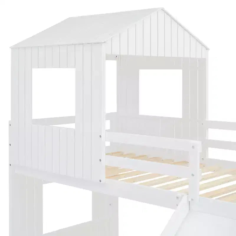 Luxystar Twin Over Full Wood Bunk Bed with Playhouse, Slide and Guardrails