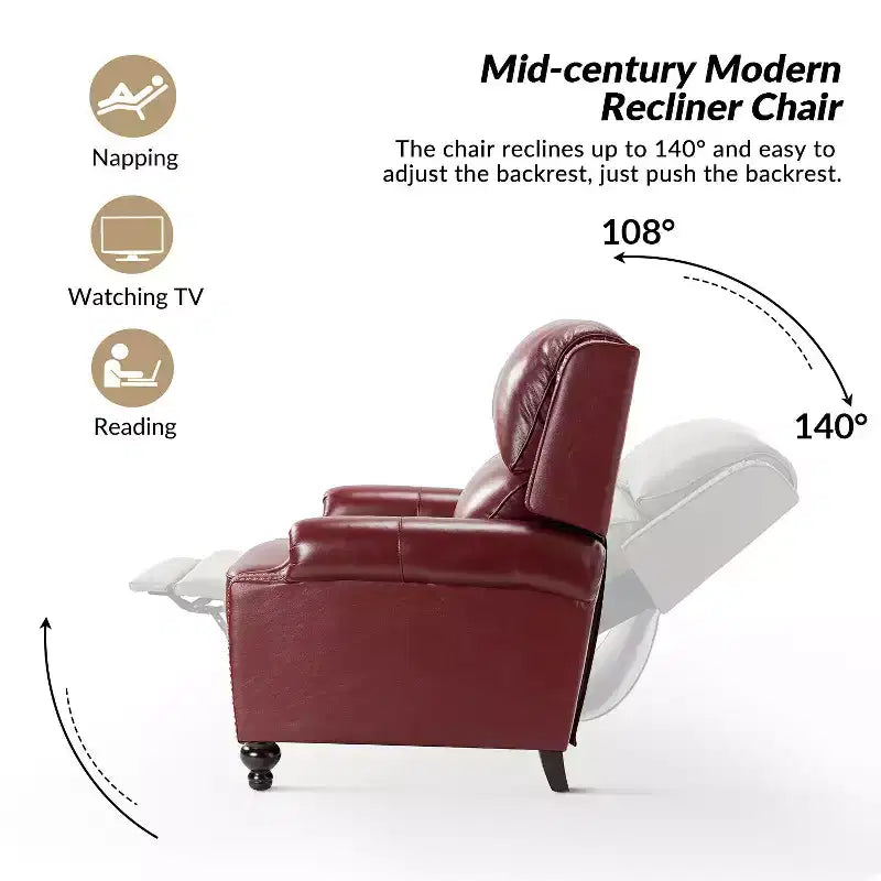 Set of 2 Elisabete Modern Wingback Genuine Leather Recliner with Vintage Nail Head Trim for Living Room and Bedroom| ART OF LIVING DESIGNS