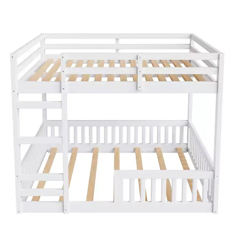 Full over Full Wooden Bunk Bed with Ladder and Guardrails, Low Floor Full Size Bunk Beds with Slats Support