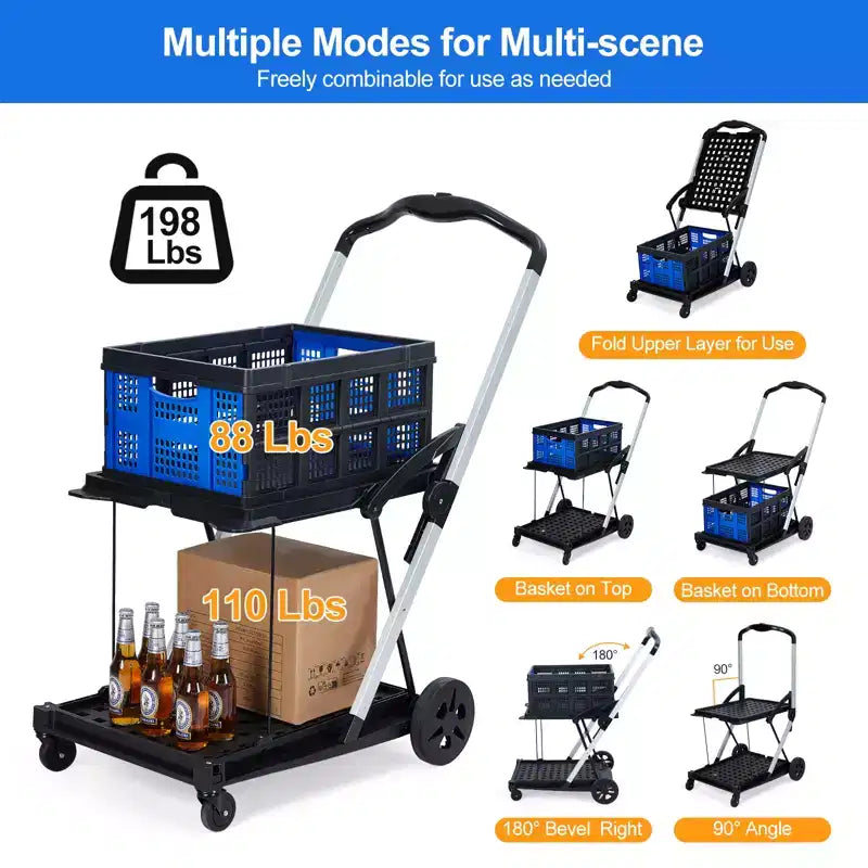 2 Tier Folding Shopping Carts for Groceries, 198 LB Capacity, Collapsible Portable Grocery Cart with Wheels & Removable Crate for Mall Market, Blue