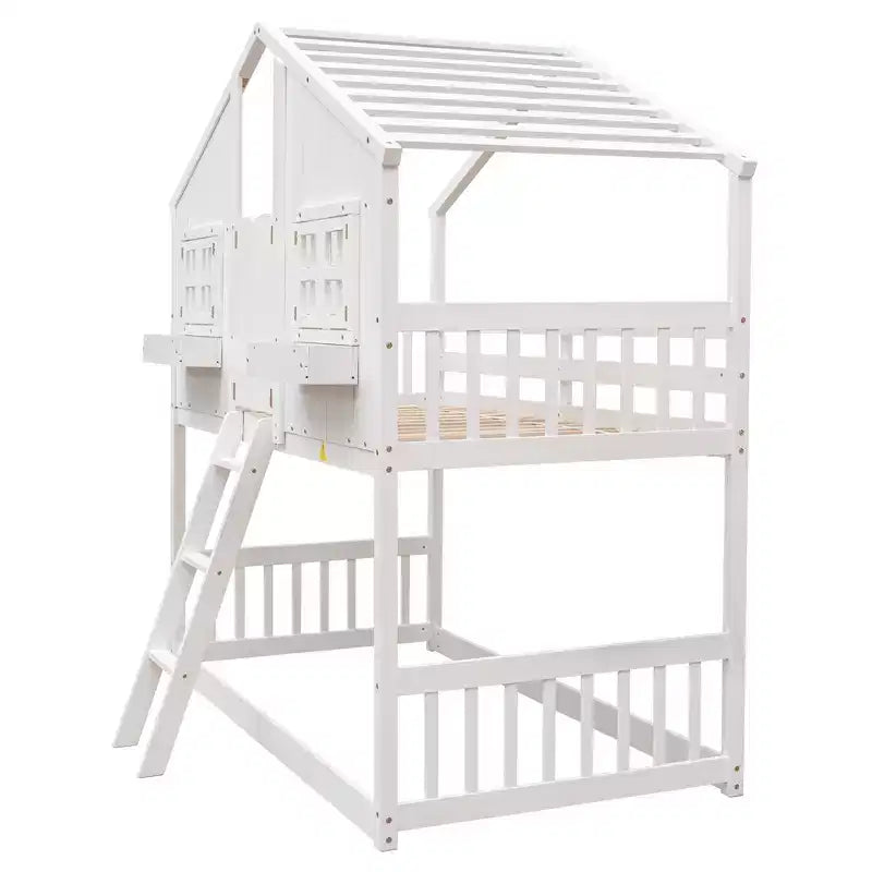 Twin Size House-Shaped Loft Bed, Wood Playhouse Loft Bed with Ladder & Guardrails for Kids