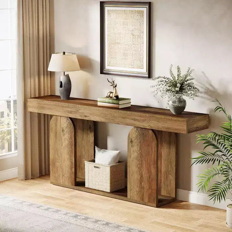 Lantine 70.9-inch extra long farmhouse console table with 2-tier wooden storage shelf, suitable for hallway, living room, entrance, vintage brown.