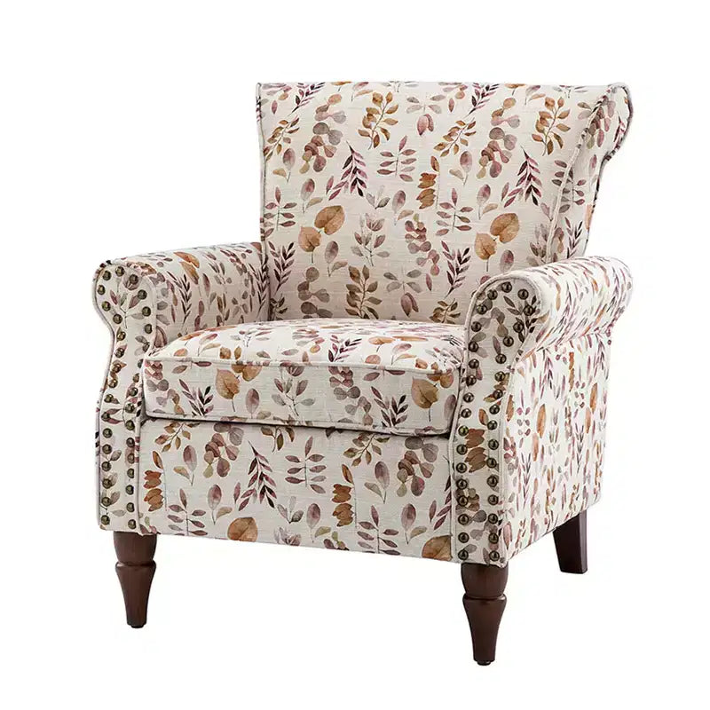 Fauteuil en bois traditionnel Araceli, rembourré à motifs floraux, avec dossier à oreilles et garniture cloutée | ART OF LIVING DESIGNS