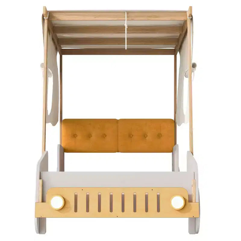 Whisen Wood Car Bed with Pillow, Ceiling Cloth and LED - Natural