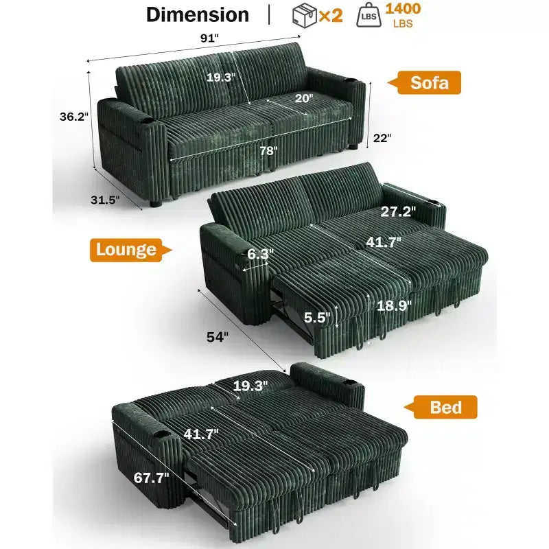 Dyonery 91 Sectional Sleeper Sofa Bed with Pull Out Bed,Reclining Backrest/Two Pull Out Beds/USB Ports/Cup Holders, Plush Corduroy
