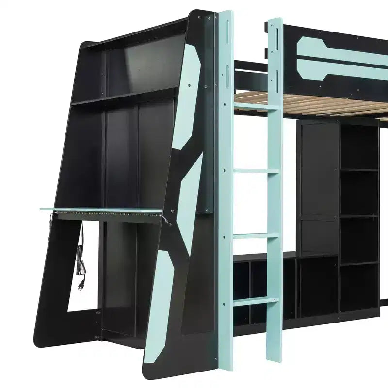 L-Shaped Gaming Loft Bed with Desks, Double Twin Loft Beds with LED Lights, USB Ports, Storage Bookshelves, Wood Corner Loft Bed for 2