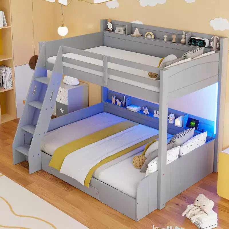 Twin over Full Bunk Bed with Storage, LED Lights & Charging Station, Wood Bunked Bed Beside Shelves for Kids & Teens