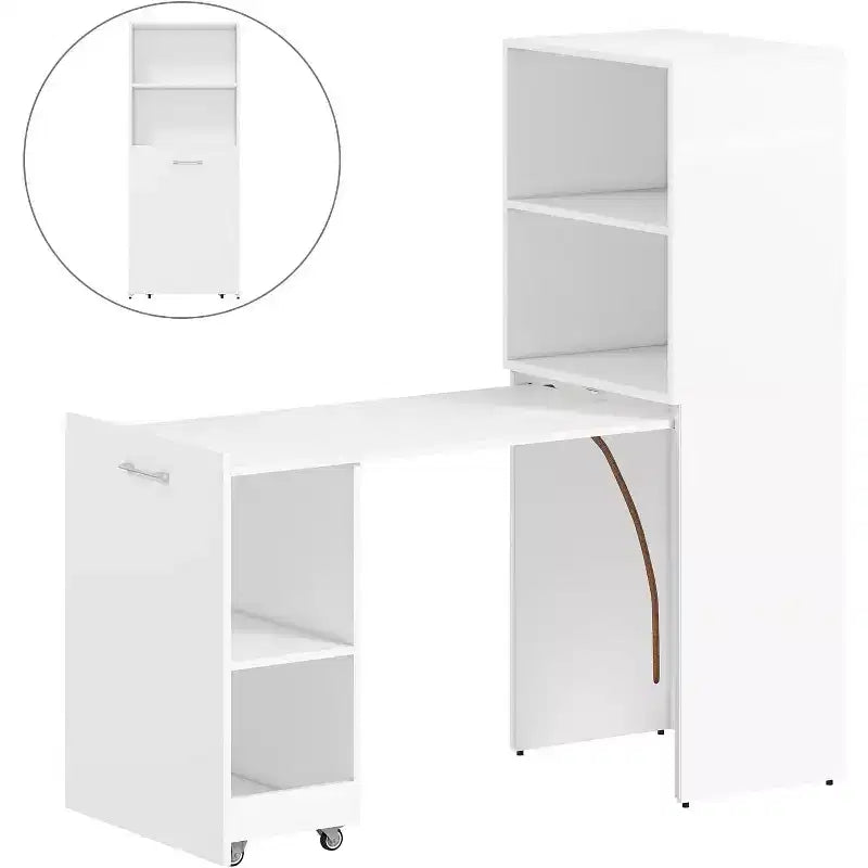 MooxvMoo Stretchable Desk with Storage Shelves and Mobile Wheels, Foldable Computer Table for Small Apartments and Home Offices, White