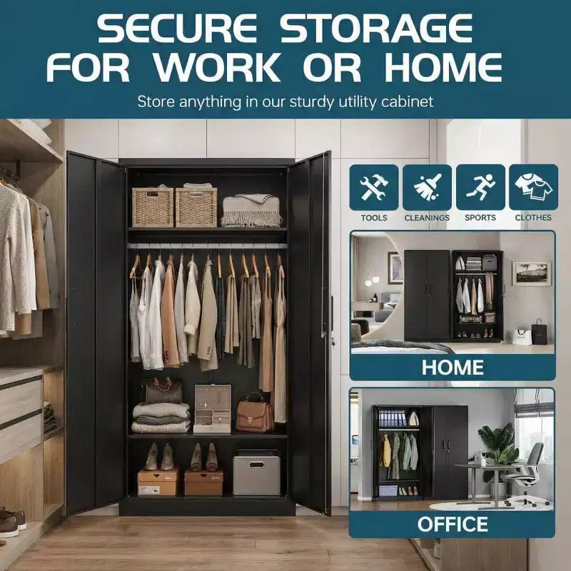 72in Heavy Duty Steel Wardrobe Cabinet with Lock, Metal Garage Storage Cabinets, Metal Cabinet Storage for Home, Bedroom, Office, Closet