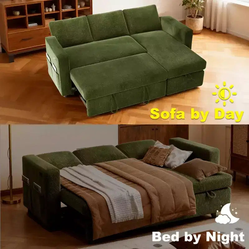 2-in-1 Pull Out Sleeper Sofa with Storage Chaise, Chenille Sectional Couch with USB Ports for Living Room