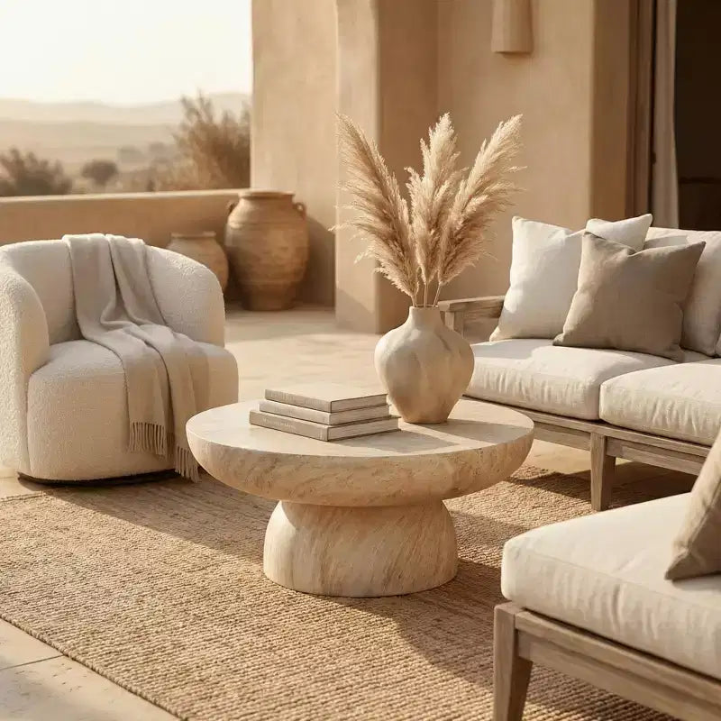 Table basse ronde Lunexa de LeisureMod, table d'appoint à piédestal en pierre de fibre pour utilisation intérieure ou extérieure, design sculpté avec patins antidérapants