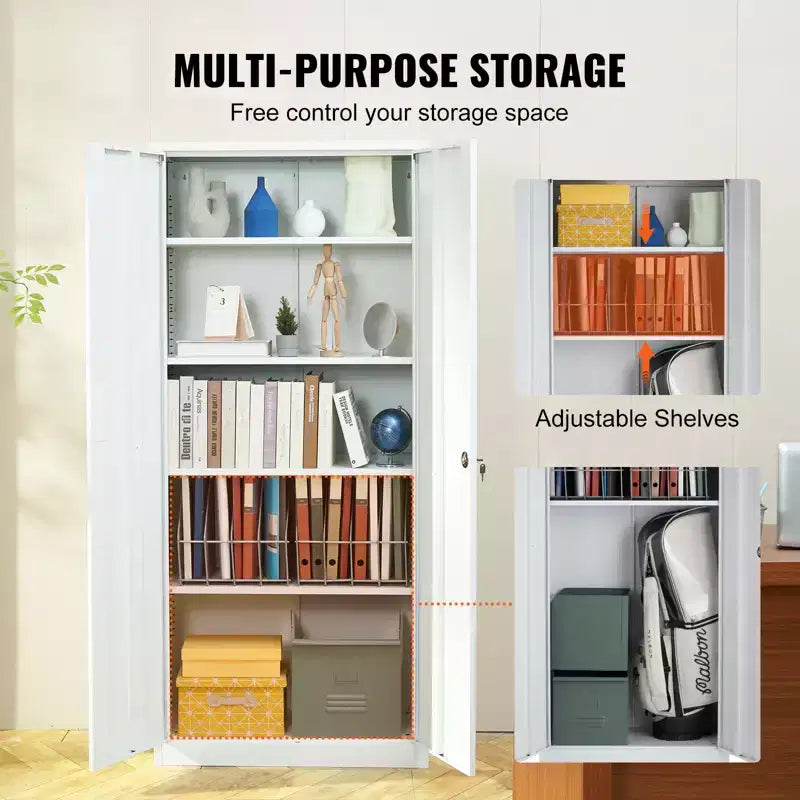 VEVOR Metal Storage Cabinet, Steel Locking Storage Cabinet with 2 Magnetic Doors and 4 Adjustable Shelves,71'' Metal Cabinet 200 lbs Capacity, White