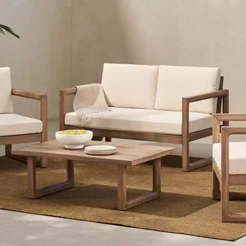 Acacia Wood Patio Furniture Set, Outdoor Conversation Set with Coffee Table and Soft Cushions for Backyard, Porch, and Balcony, Beige - Merax