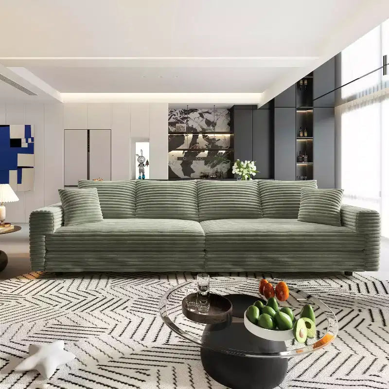 102.4 Plush Corduroy 4-Seat Convertible Sofa with Ottomans - Green