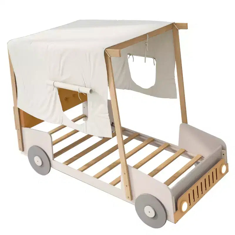 Whisen Wood Car Bed with Pillow, Ceiling Cloth and LED - Natural