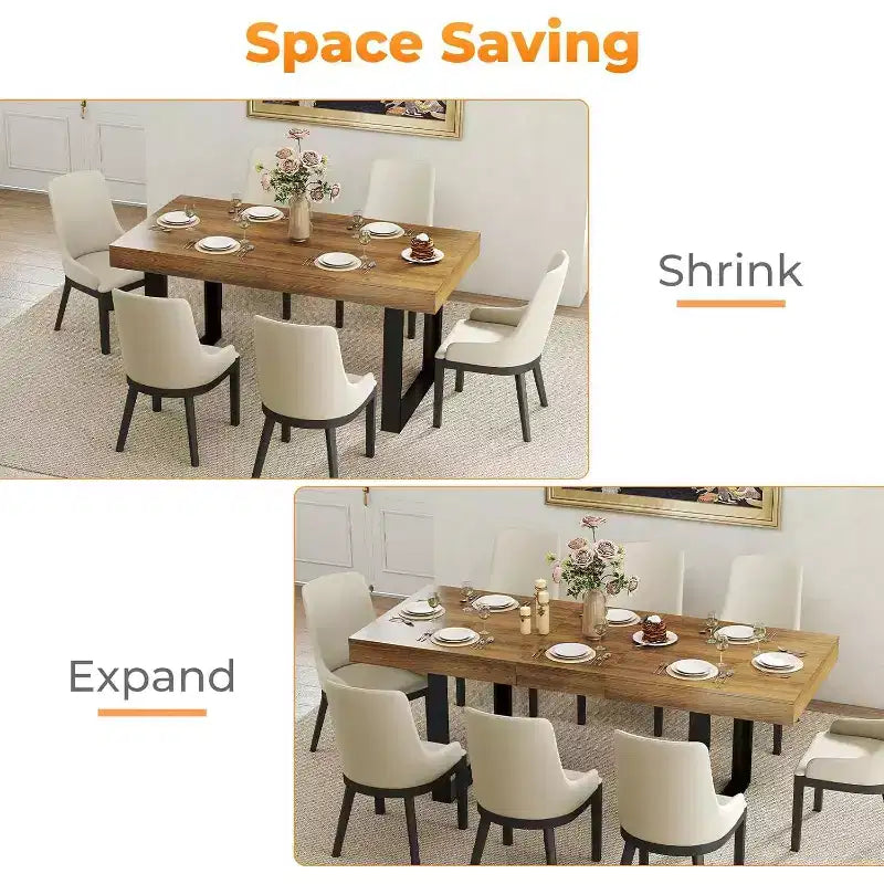Zevemomo 63-78.7 Expandable Dining Table, 6-10 Rectangular Kitchen Table with Metal Track, Tapered U-Shaped Legs for Dining Room, Office-Brown