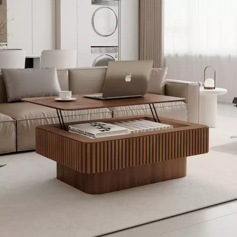 JVNOXK 38.6'' Fluted Lift-Top Coffee Table with Storage, Solid Wood Veneer Adjustable Height Modern Accent Table for Living Room, Bedroom, Walnut