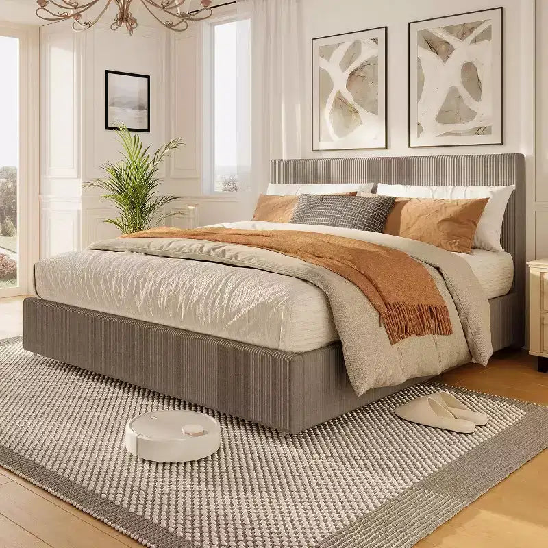 CuisinSmart Corduroy Bed Frame with Headboard, Platform Upholstered Bed Frame with 4 Storage Drawers and Wooden Slats Support