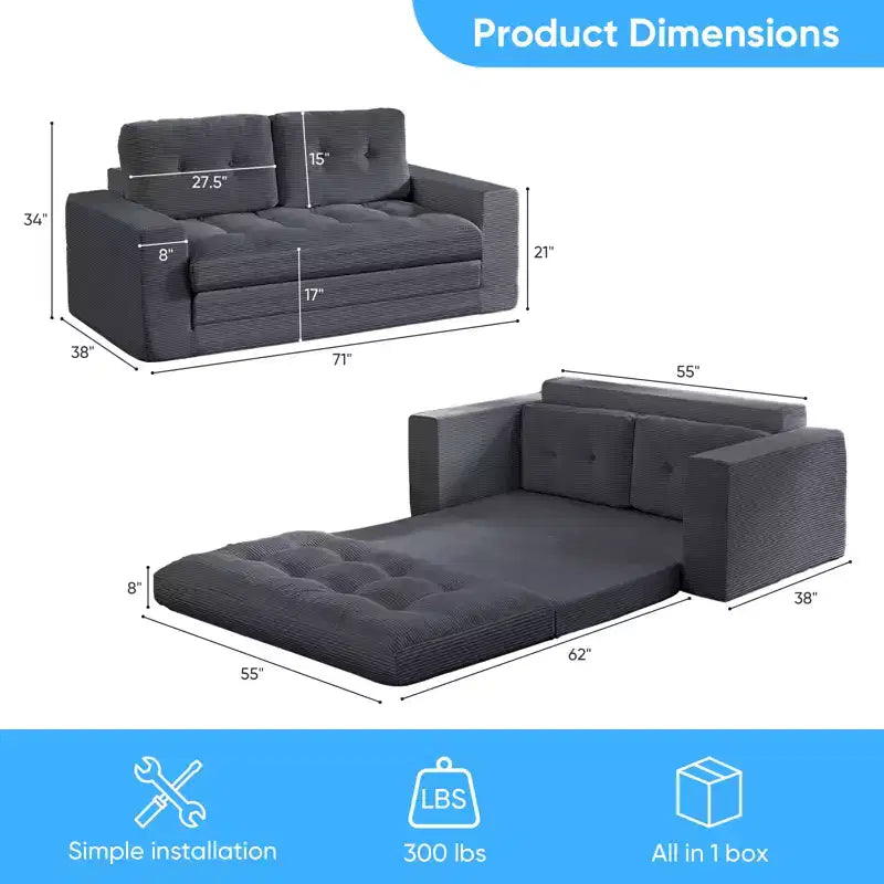 Mjkone 71'' 2-in-1 Convertible Futon Sofa Bed, Corded Fabric Foldable Tufted Buttons Loveseat Sleeper Sofa,Space-Saving