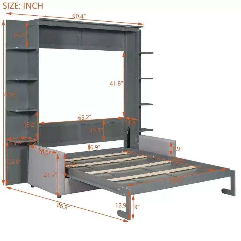 Whisen Modern Design Wood Frame Queen Size Murphy Bed Wall Bed with Sofa and Shelves