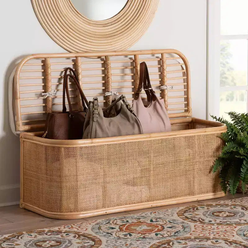 bali & pari Ishana Natural Rattan Storage Bench Natural/White: Upholstered Polyester, Plywood Frame, No Assembly Required