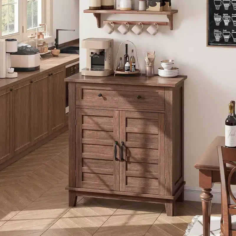 31.5 Rustic Storage Cabinet, with Slatted Doors, 3-Tier Adjustable, Double Door Locker, for Kitchen, Dining Room, and Home Office