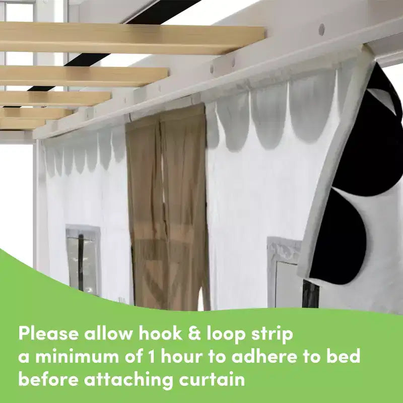 Twin Over Twin Low Bunk With Easy Slide & Black & White Farmhouse Curtain