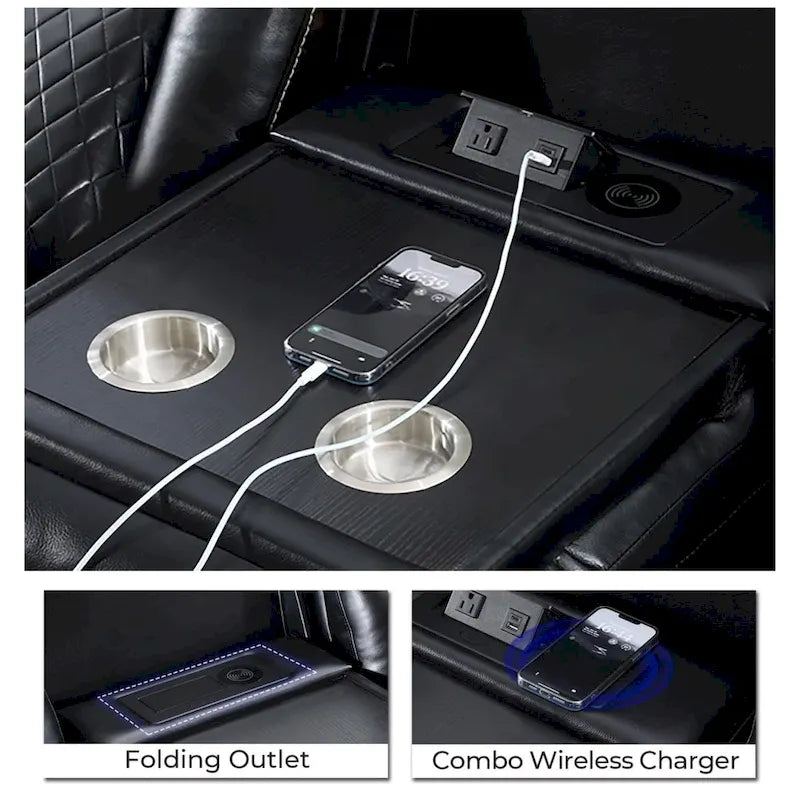 Power Reclining Sofa with Wireless Charger,Reading Light for Living Room,Faux Leather LED Light,AC/USB Port,Cup Holder,Black