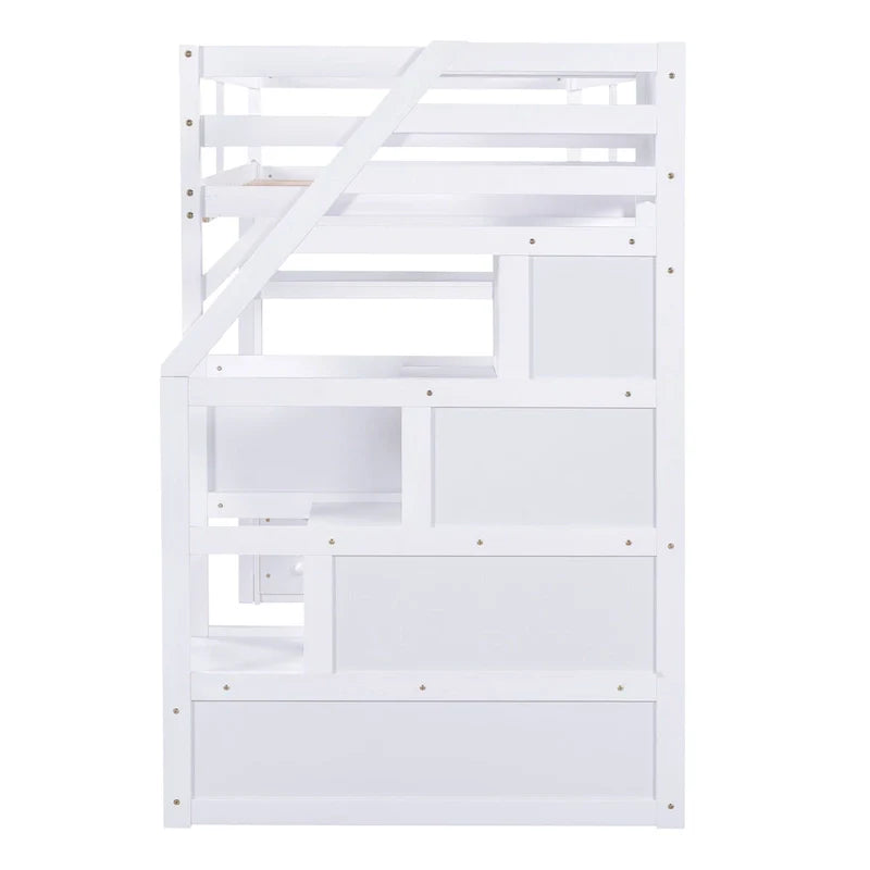 Twin Size Loft Bed with Desk and Shelves, Two Built-in Drawers, Storage Staircase