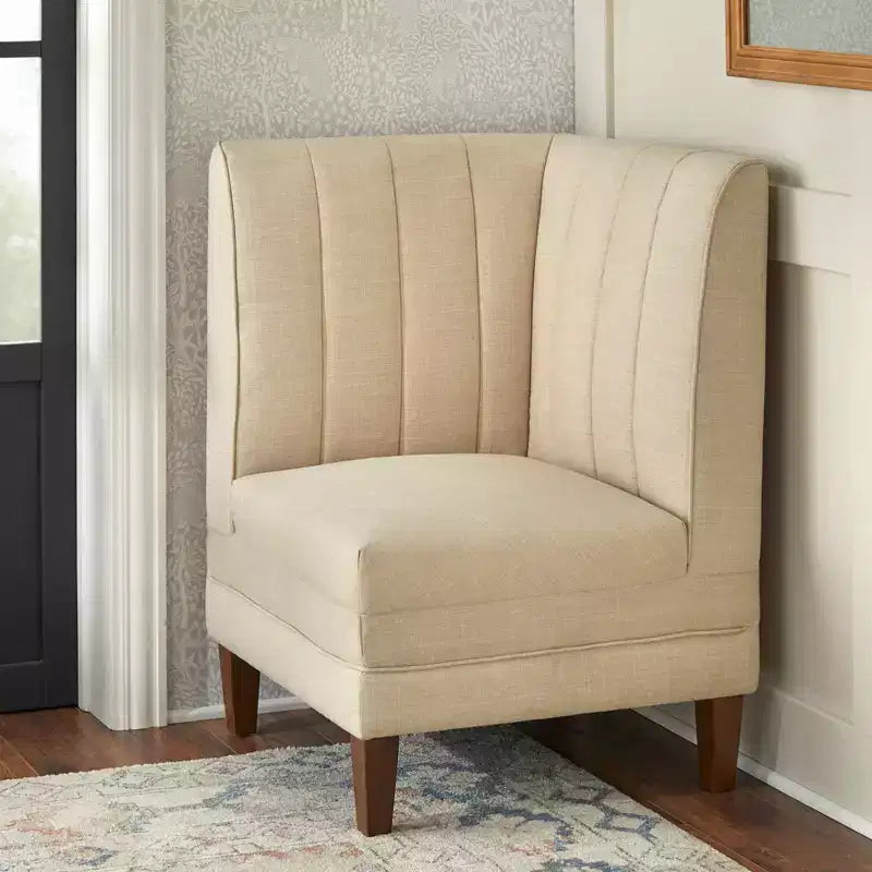Lifestorey 4pc Kerrington Channel Back Banquette Dining Set Walnut/Cream: Linen-Look Fabric, Pedestal Table