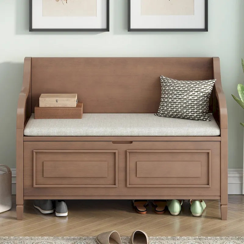 Rustic Solid Wood Entryway Storage Bench with Safety Hinge
