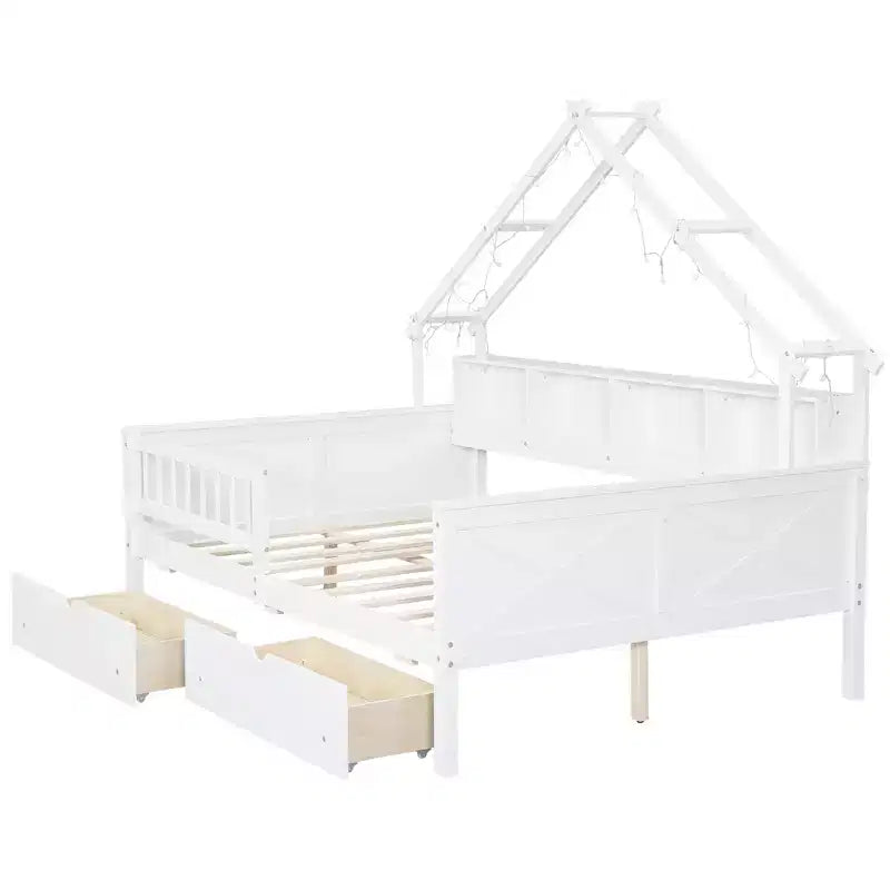 Full Size House Bed Frame with Drawers, House Platform Bed with LED Lights, Storage Shelves & Drawers, Wood Daybed with Roof and Guardrail