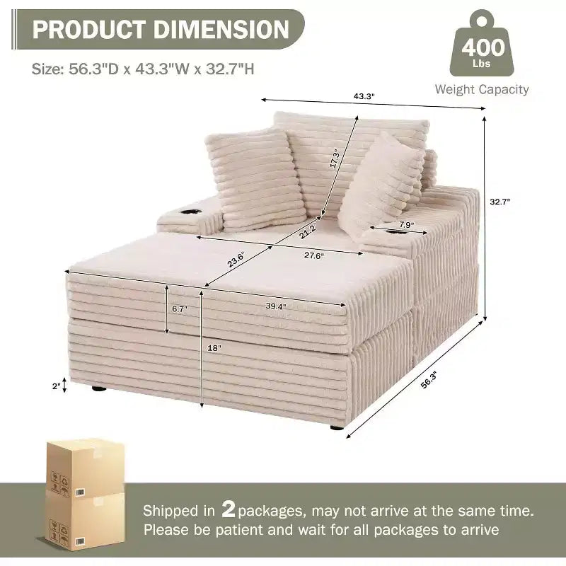 Oversized Chaise Lounge Chair Indoor with Storage Ottoman, Upholstered Corduroy Sofa Bed Cloud Couch with 3 Pillows, Single Sleeper Sofa Chair