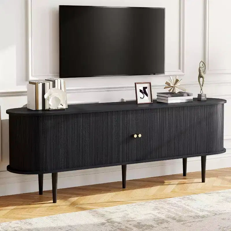 AMERLIFE 70 TV Stand with Solid Wood Legs, Mid Century Modern TV Console with Tambour Door