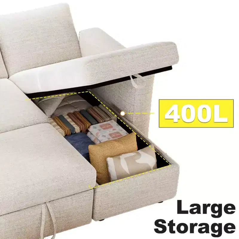 2-in-1 Pull Out Sleeper Sofa with Storage Chaise, Chenille Sectional Couch with USB Ports for Living Room
