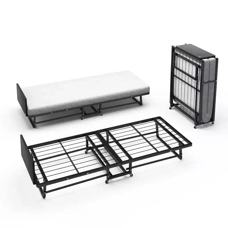 Folding Bed with Mattress, Portable Guest Beds with 4 Wheels, 4 Foam Mattress & Metal Frame, Space Saving Cot Size Rollaway Bed