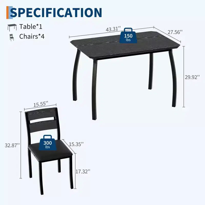 5 Piece Metal Frame Kitchen Table and Chair Set, with Chamfer Design