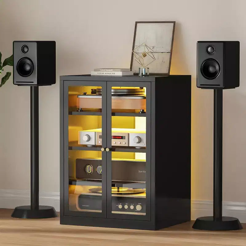 Bekrvio Metal Media Cabinet, 4-Tier Stereo Cabinet with Glass Doors & Adjustable Shelves, Audio AV Rack with Cable Management