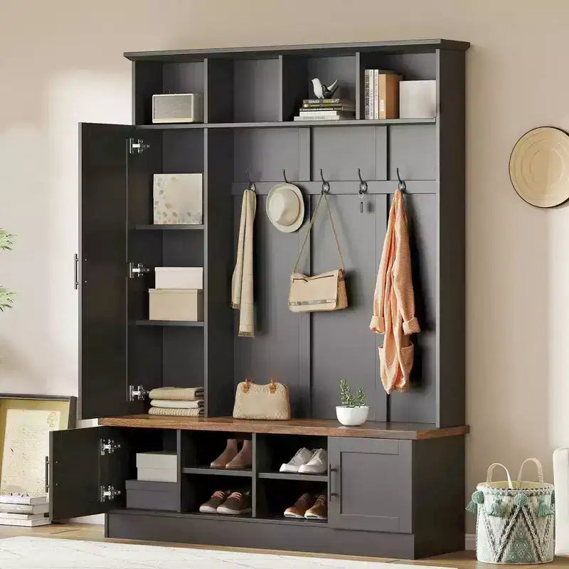 Entryway Hall Tree With Shoe Bench, Multifunctional Coat Rack with 6 Hook,Wood Hallway Coat Hanger with Shoe Storage for Entryway Living Room