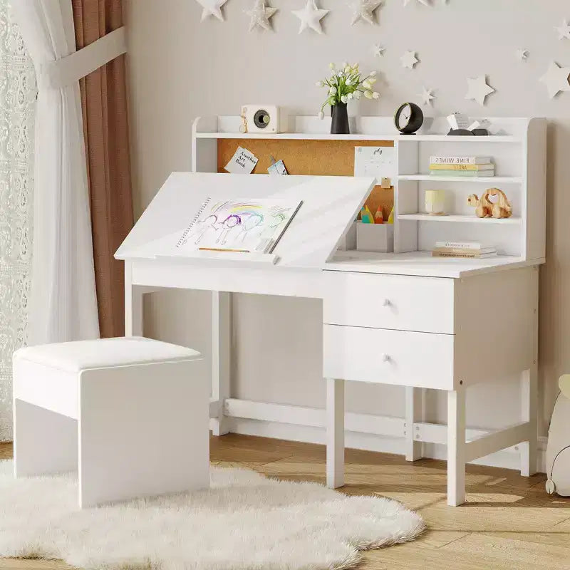 Kids Desk and Chair Set, Wooden Study Table with Adjustable Tilt Desktop, Drawers & Cork Board - Children School Learning Desk Set