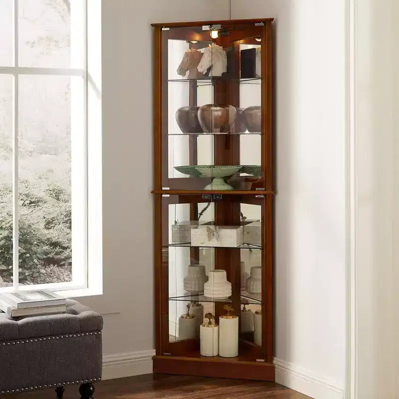 Corner Curio Cabinet, Cherry/Walnut, 4-Door Glass Display Cabinet