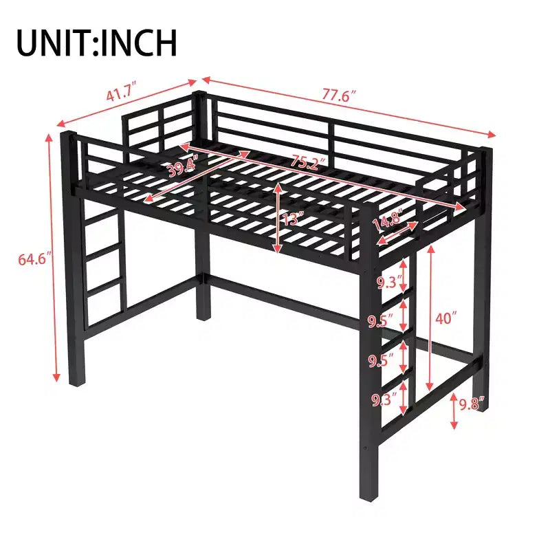 Metal Loft Bed, Space-Saving Loft Bed Frame with Dual Ladders & Guardrails, Black - ModernLuxe