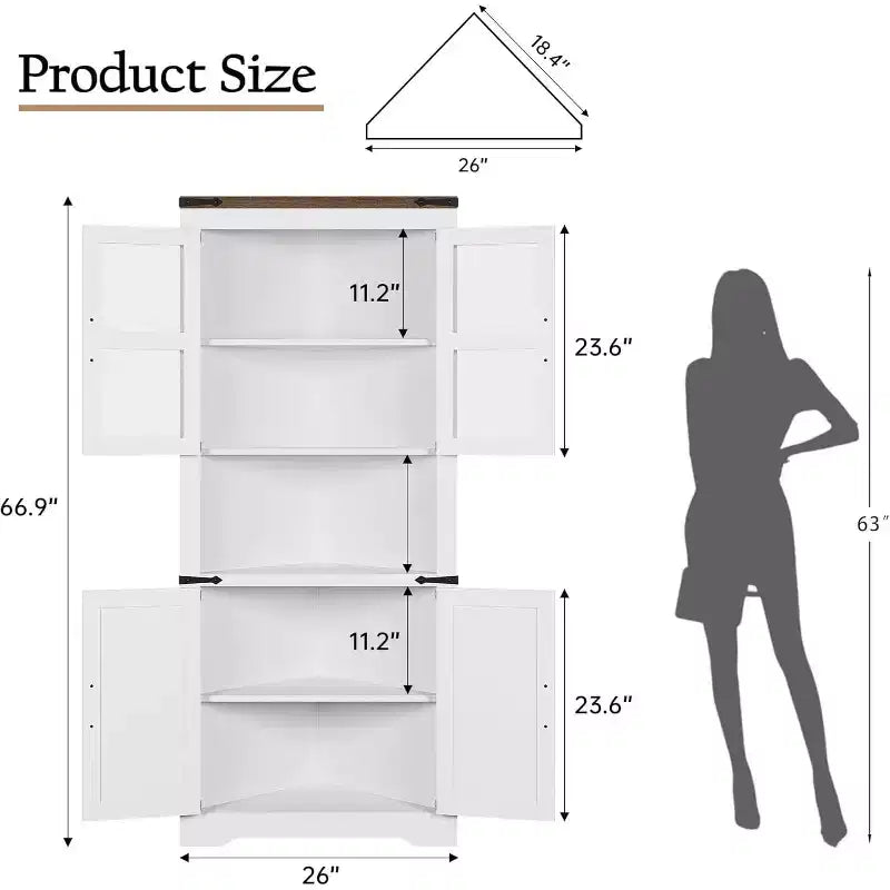 69 Tall Corner Cabinet, Farmhouse Corner Storage Cabinet, Space Saving Storage, Glass Door, Adjustable Shelves, for Living Room, Kitchen