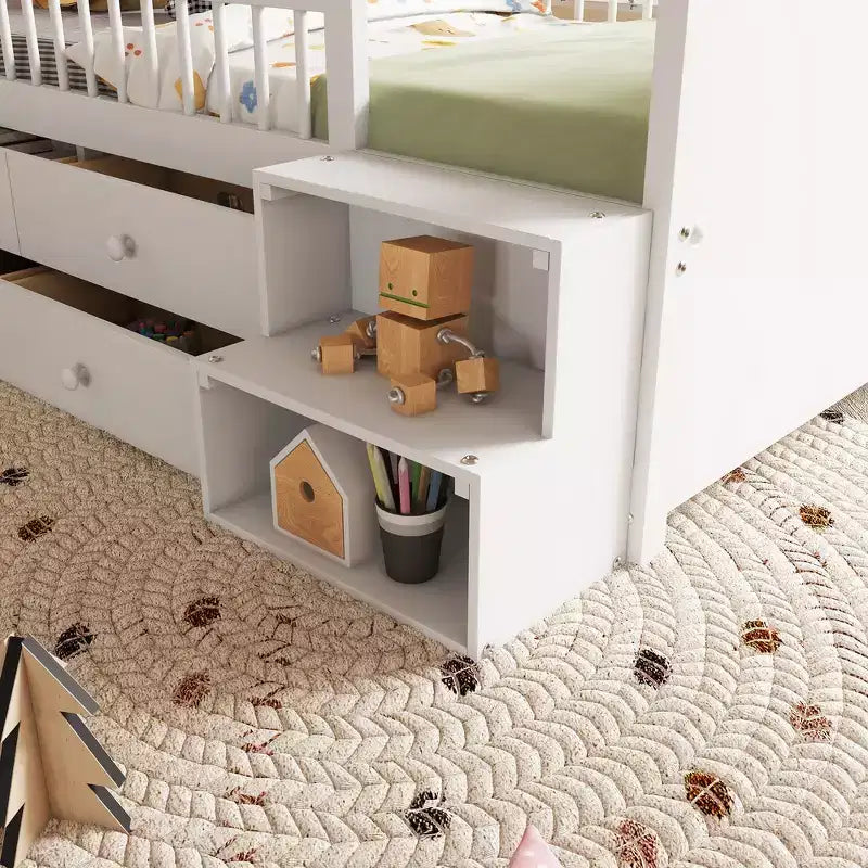 Whisen Low Twin Loft Bed with LED Lights, House Shape Headboard & Storage Drawers, Solid Construction