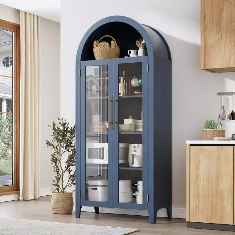 Haut meuble de rangement arqué avec portes vitrées, bibliothèque de présentation à 5 niveaux avec étagères réglables pour cuisine ou salon