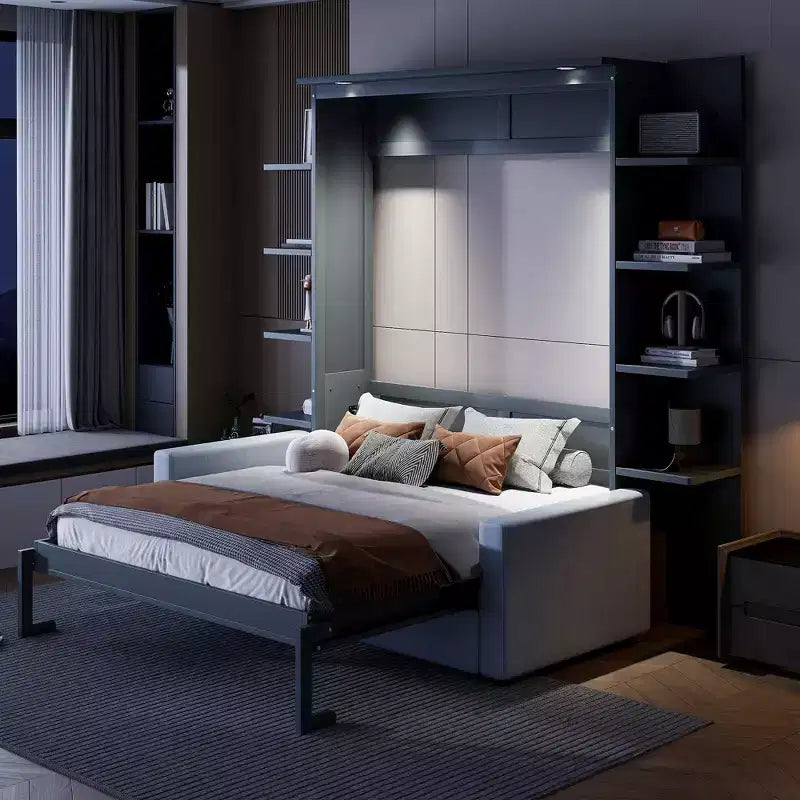 Whisen Modern Design Wood Frame Queen Size Murphy Bed Wall Bed with Sofa and Shelves