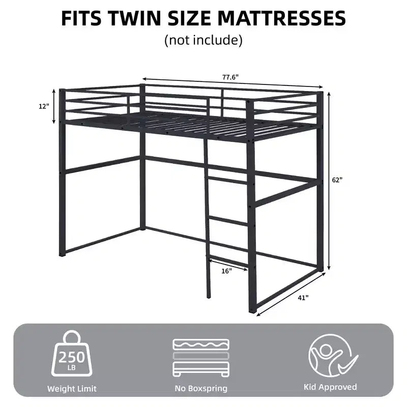 Twin Metal Loft Bed  Guard Rails & Flat Ladder