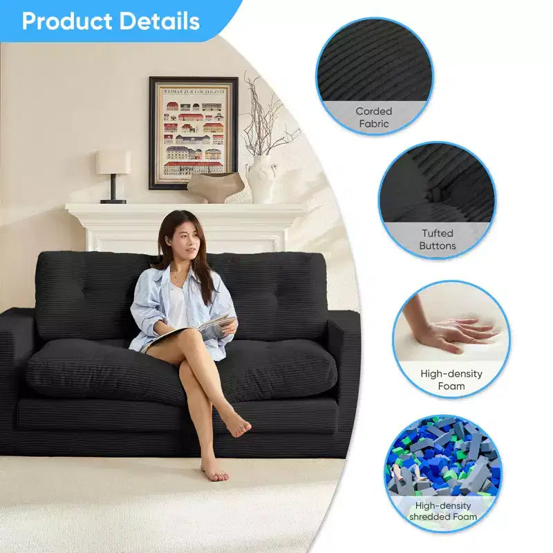 Mjkone 71'' 2-in-1 Convertible Futon Sofa Bed, Corded Fabric Foldable Tufted Buttons Loveseat Sleeper Sofa,Space-Saving