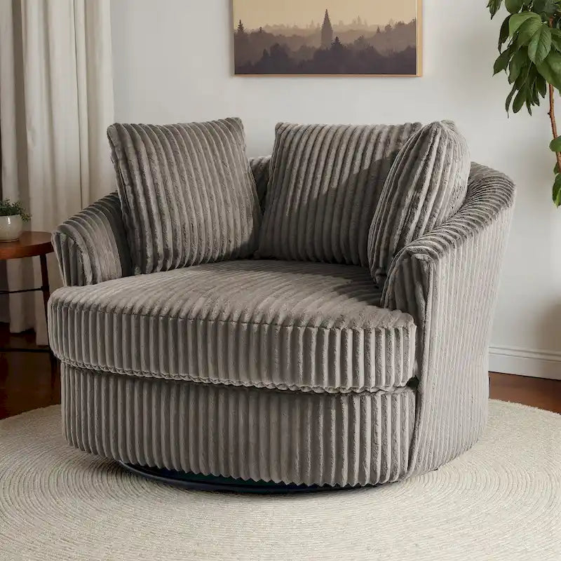Oversized 43 W Plush Corduroy Recessed Arm Swivel Barrel Chair